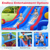 Double water slides and climbing wall of the inflatable water slide park for summer fun and active play.