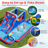 Giant inflatable water slide park with double slides, splash pool, and 750W blower for summer fun and active play.