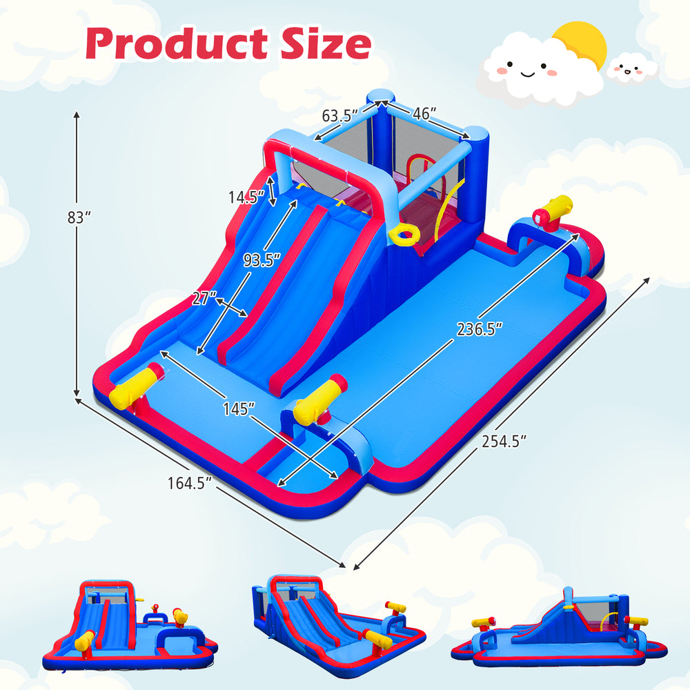 Inflatable water slide park with double slides, splash pool, and climbing wall dimensions for summer fun and safety.