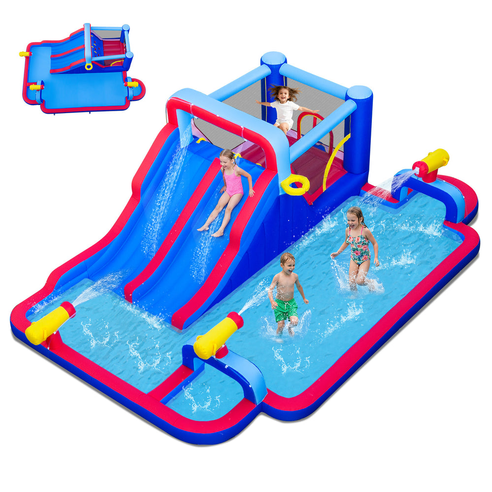 Inflatable water slide park featuring double slides, splash pool, and climbing wall for kids' outdoor fun.