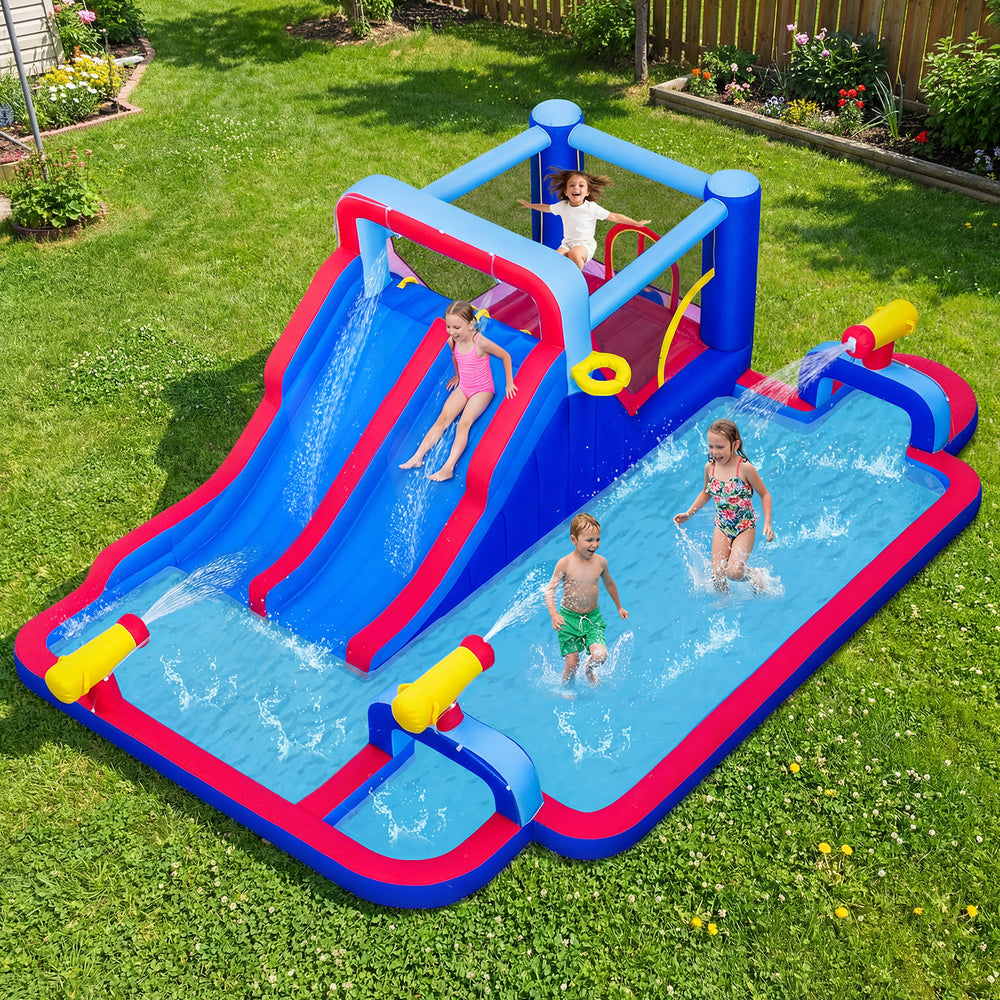 Inflatable water slide park featuring double slides, splash pool, and water cannons for kids' outdoor fun.
