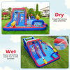 Inflatable water slide park with double slides, splash pool, and climbing wall for outdoor summer fun.