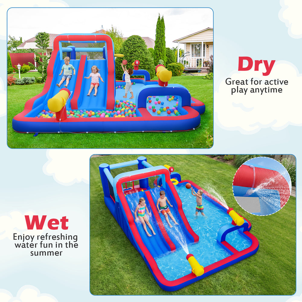 Inflatable water slide park with double slides, splash pool, and climbing wall for outdoor summer fun.