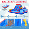 Inflatable water slide park featuring double slides, splash pool, and climbing wall, made from durable 420D Oxford.