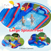 Large inflatable water slide park with splash pool, 3 water cannons, and climbing wall for outdoor summer fun.