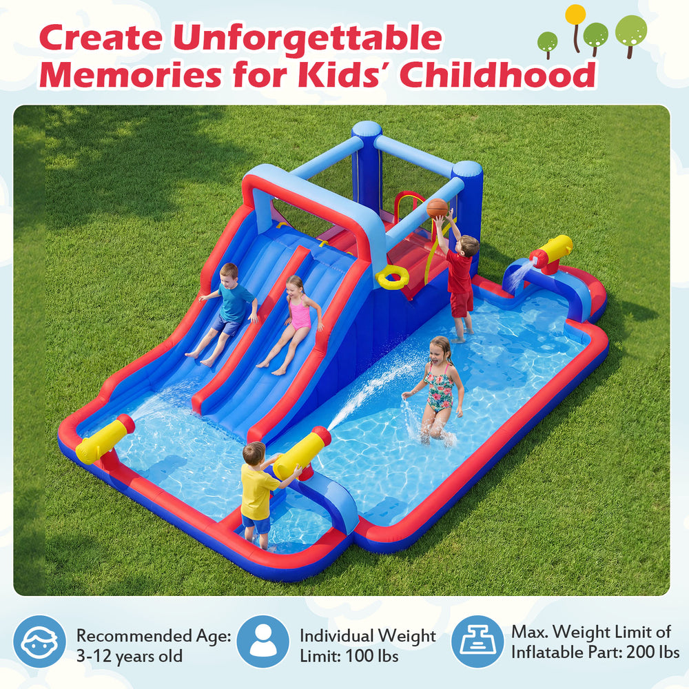 Inflatable water slide park featuring double slides, splash pool, and basketball hoop for kids' outdoor fun.