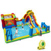 Inflatable water slide bounce house with multiple play areas, including slides, goals, and a basketball hoop for summer.
