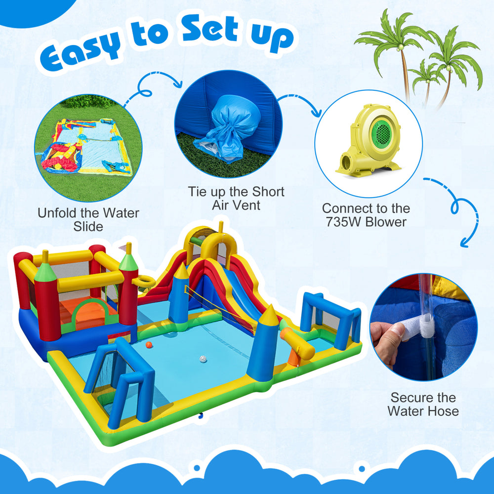 Inflatable Water Slide Bounce House with 735W blower, featuring climbing, sliding, and sports activities for kids' fun.