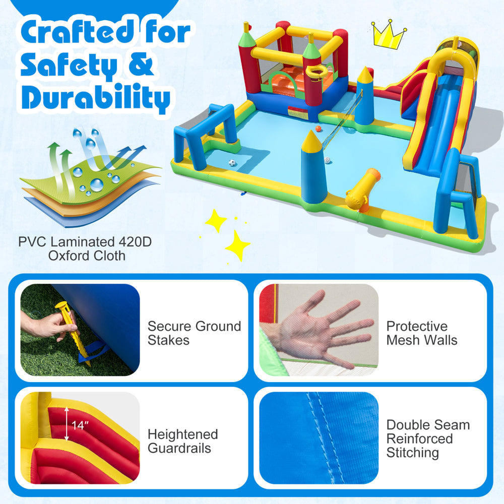 Inflatable water slide bounce house with mesh walls, PVC-laminated fabric, and 14" guardrails for safe summer fun.