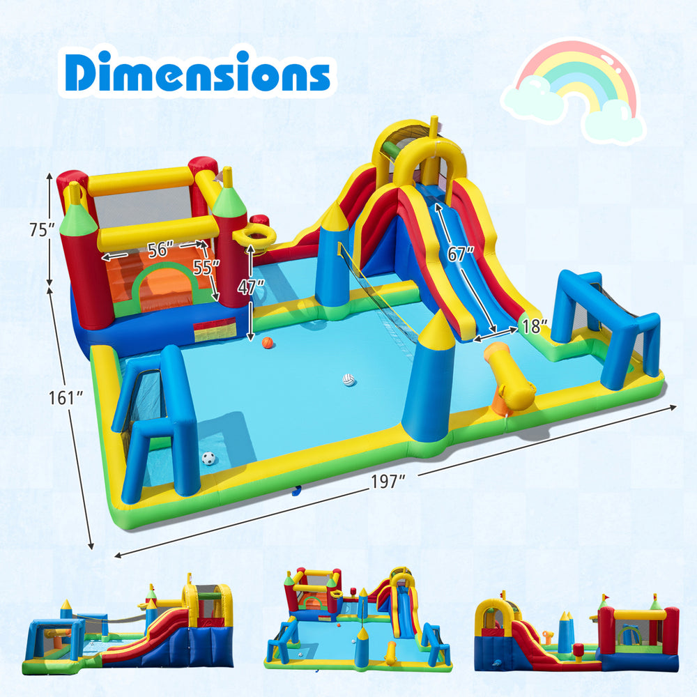 Inflatable Water Slide Bounce House with dimensions 197" x 161", featuring slides, goals, and a water cannon for summer.