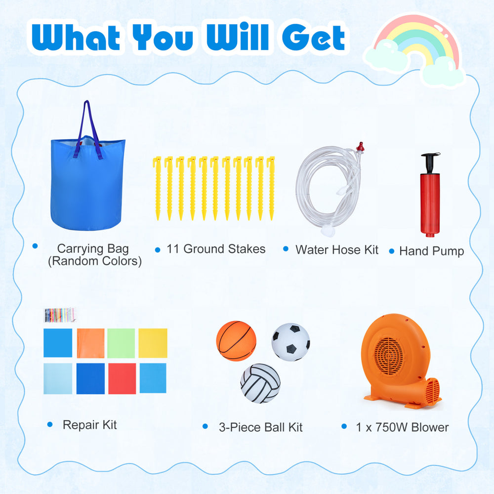 Carrying bag, ground stakes, water hose kit, hand pump, repair kit, and blower for inflatable water slide bounce house.