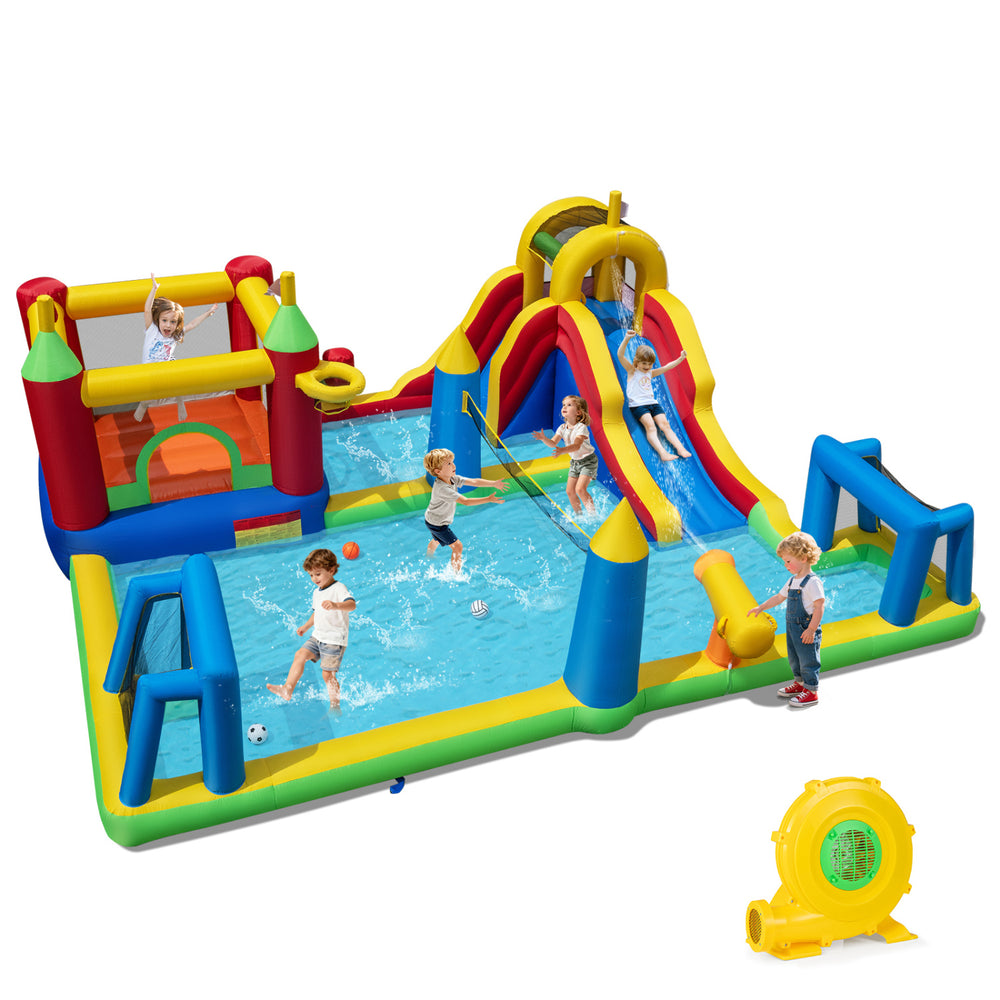 Colorful inflatable water slide bounce house with climbing, sliding, and sports activities for kids' summer fun.