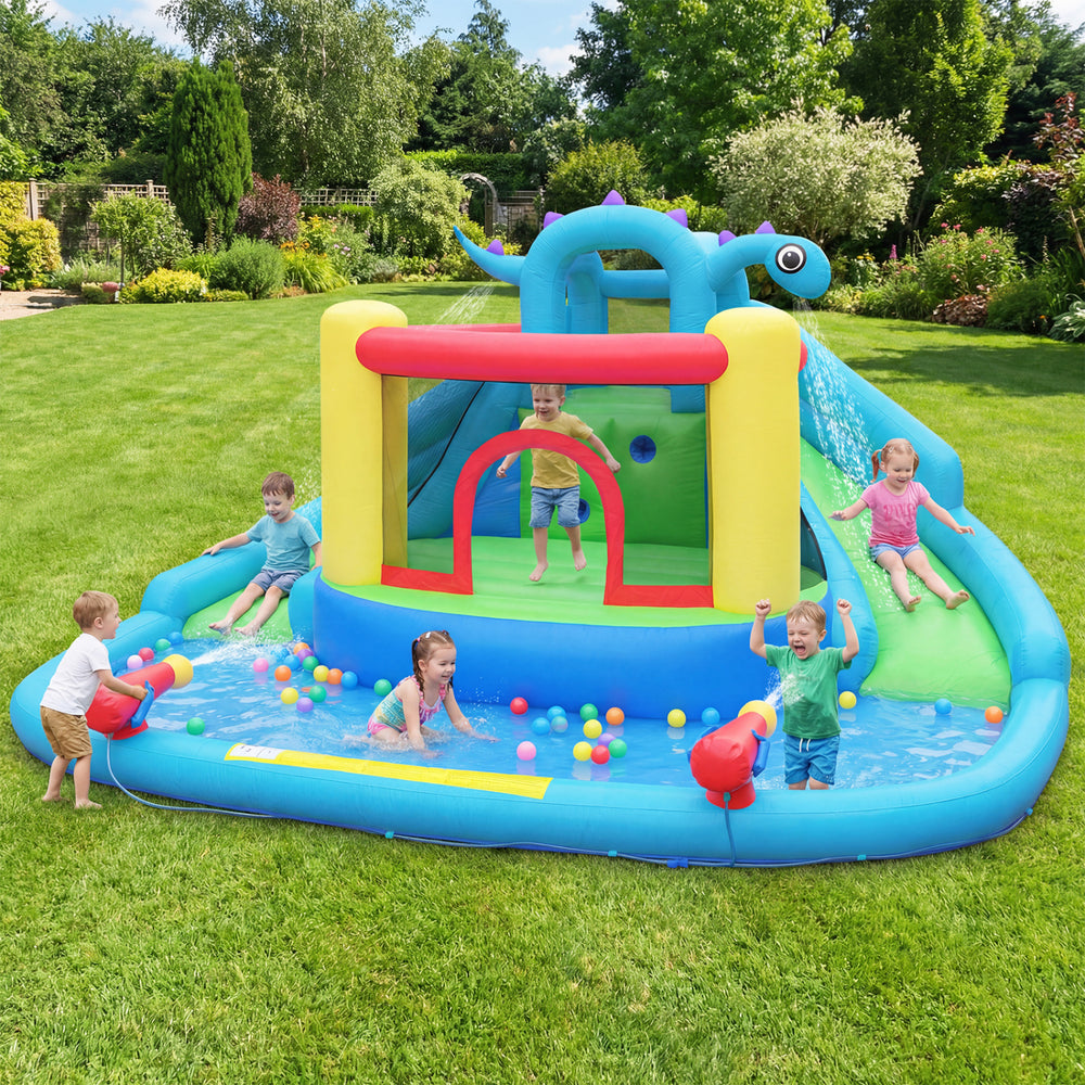 Dinosaur-themed inflatable bounce house featuring a spacious jumping area and water cannons for active outdoor play.
