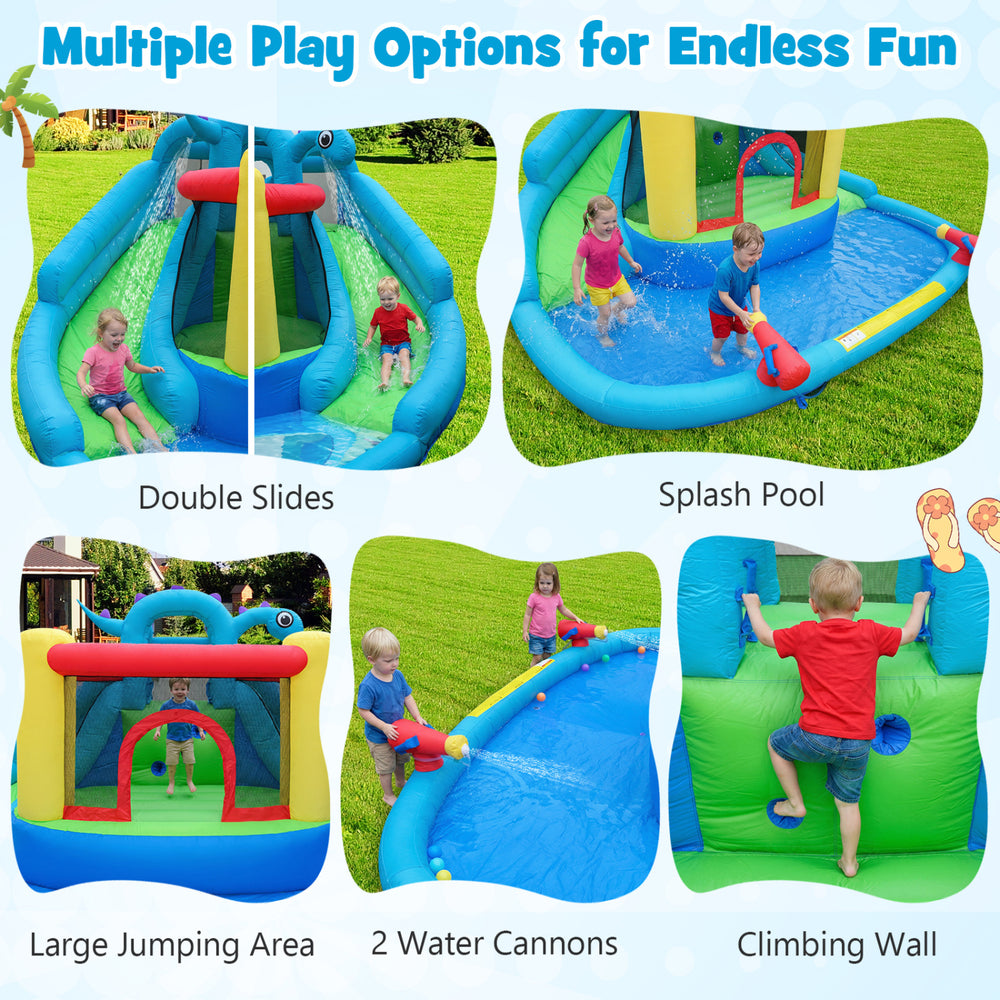 Dinosaur-themed inflatable water slide park featuring double slides, splash pool, and climbing wall for kids' fun.