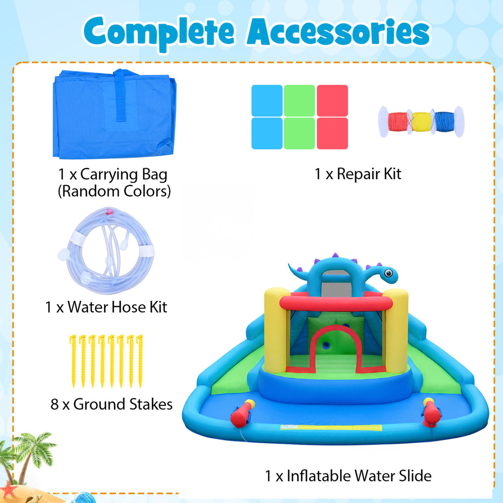 Dinosaur-themed inflatable water slide park with multiple play zones, crafted from durable Oxford cloth for kids' fun.