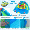 Dinosaur-themed inflatable water slide park with double slides, splash pool, and safety features for backyard fun.