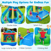Dinosaur-themed inflatable water slide park featuring double slides, splash pool, and climbing wall for backyard fun.
