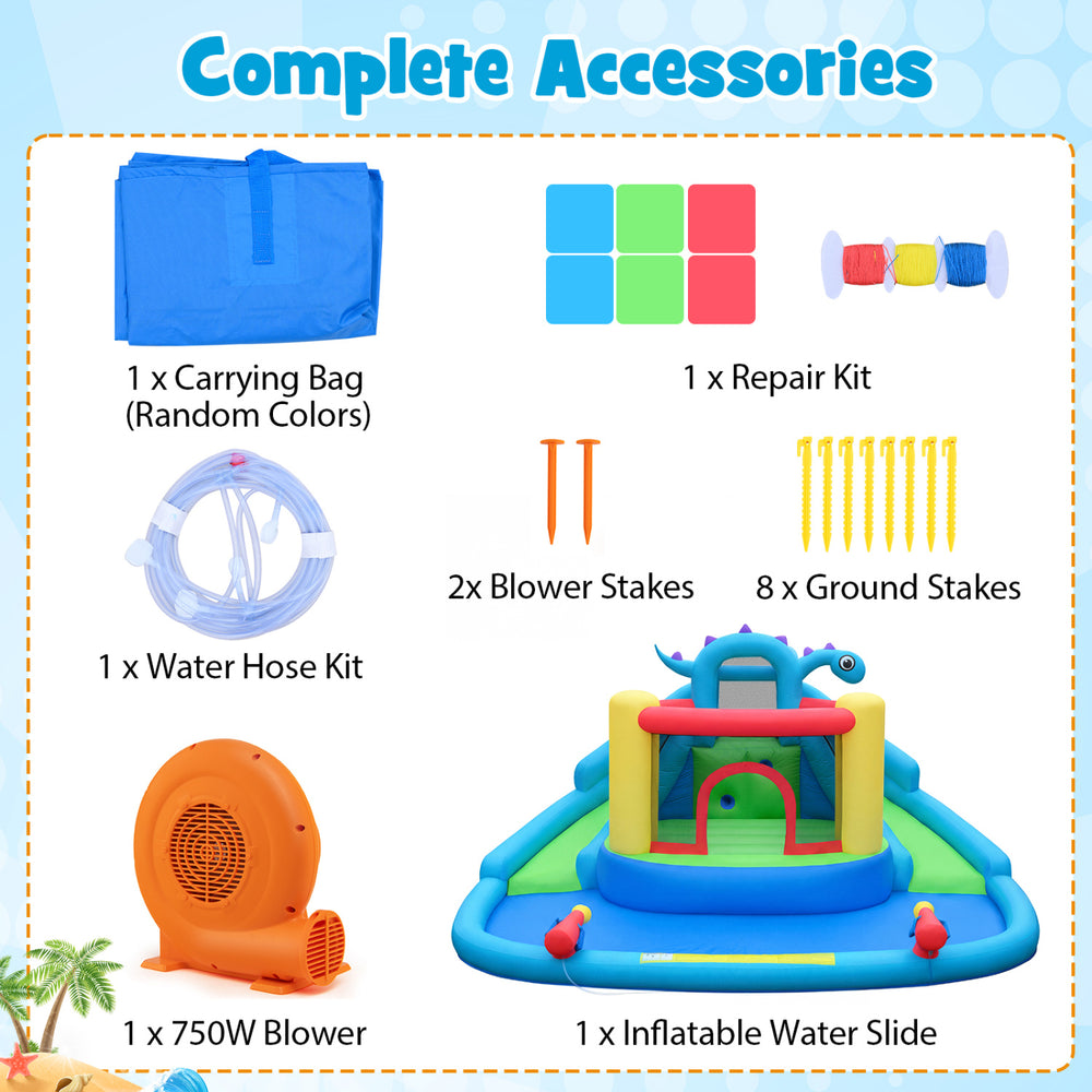 Dinosaur-themed inflatable water slide park with double slides, splash pool, and included 750W blower for backyard fun.