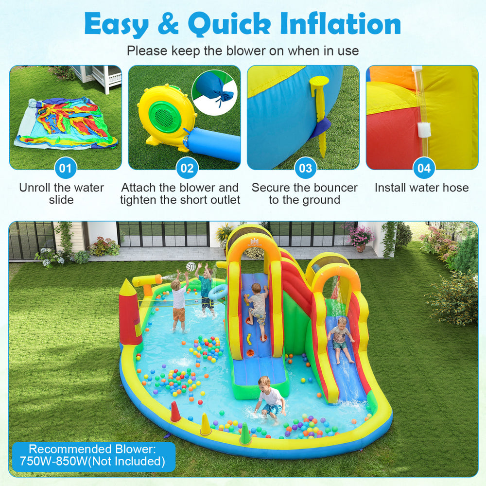 Inflatable water slide park featuring two long slides, climbing walls, and a splash pool for outdoor fun.