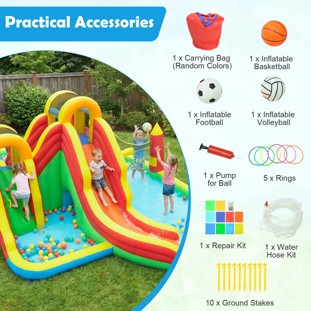 Accessories for inflatable water slide park including basketball, volleyball, rings, pump, and repair kit for fun and.