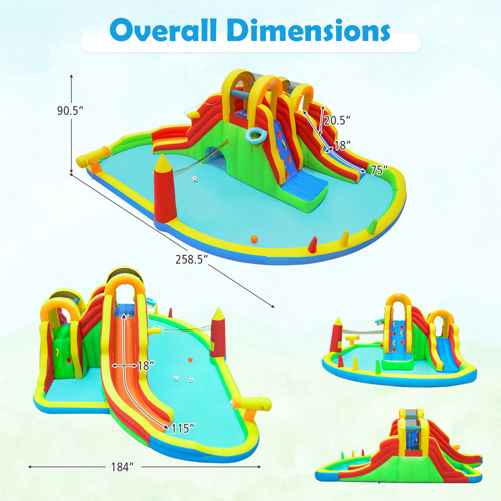 Overall dimensions of the inflatable water slide park with two long slides and climbing walls for yard parties and.