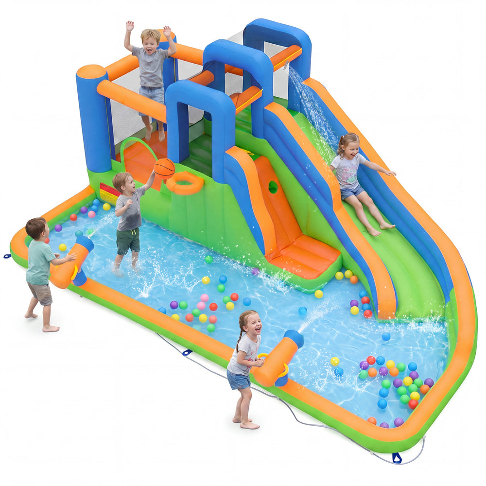 Inflatable water slide park features dual climbing walls, splash pool, and water cannons for endless summer fun.