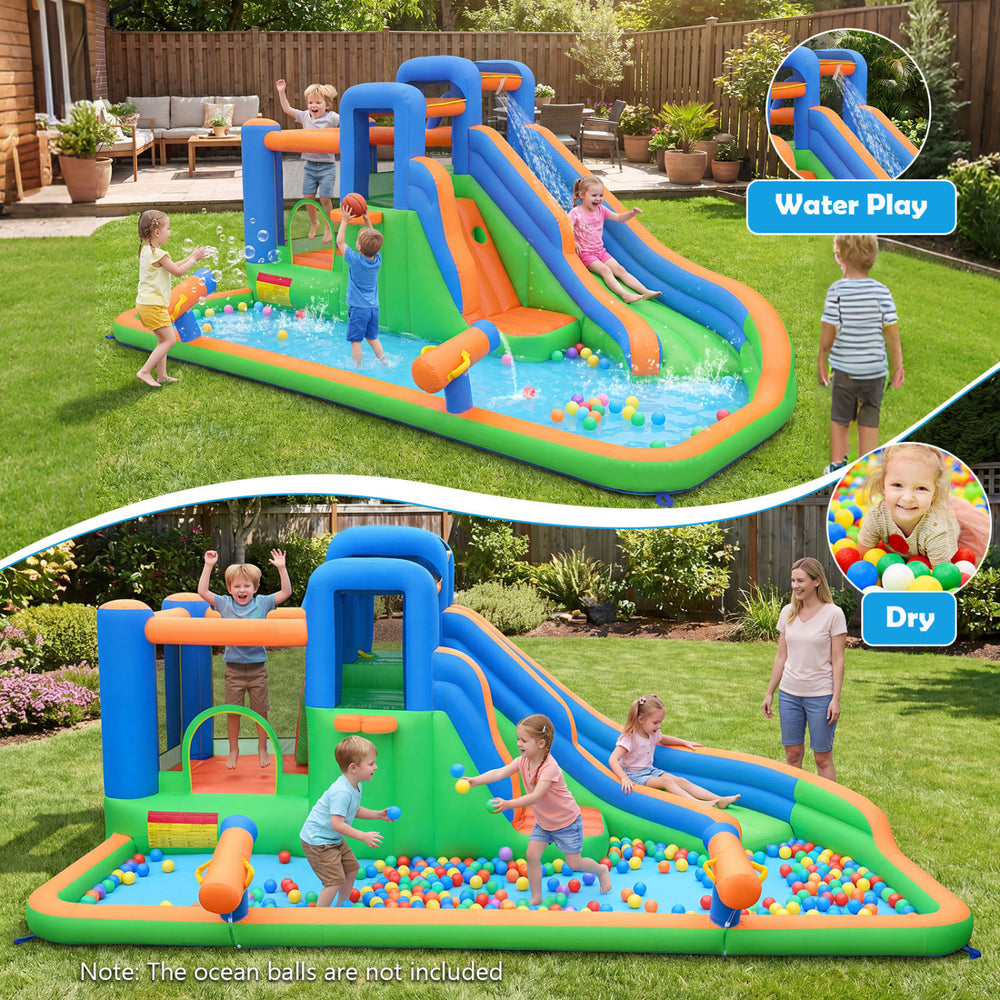 Inflatable water slide with dual climbing walls and splash pool, perfect for outdoor fun and physical activity.