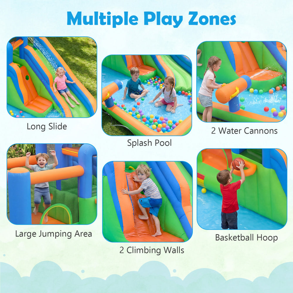 Inflatable water slide park featuring dual climbing walls, splash pool, and water cannons for endless outdoor fun.