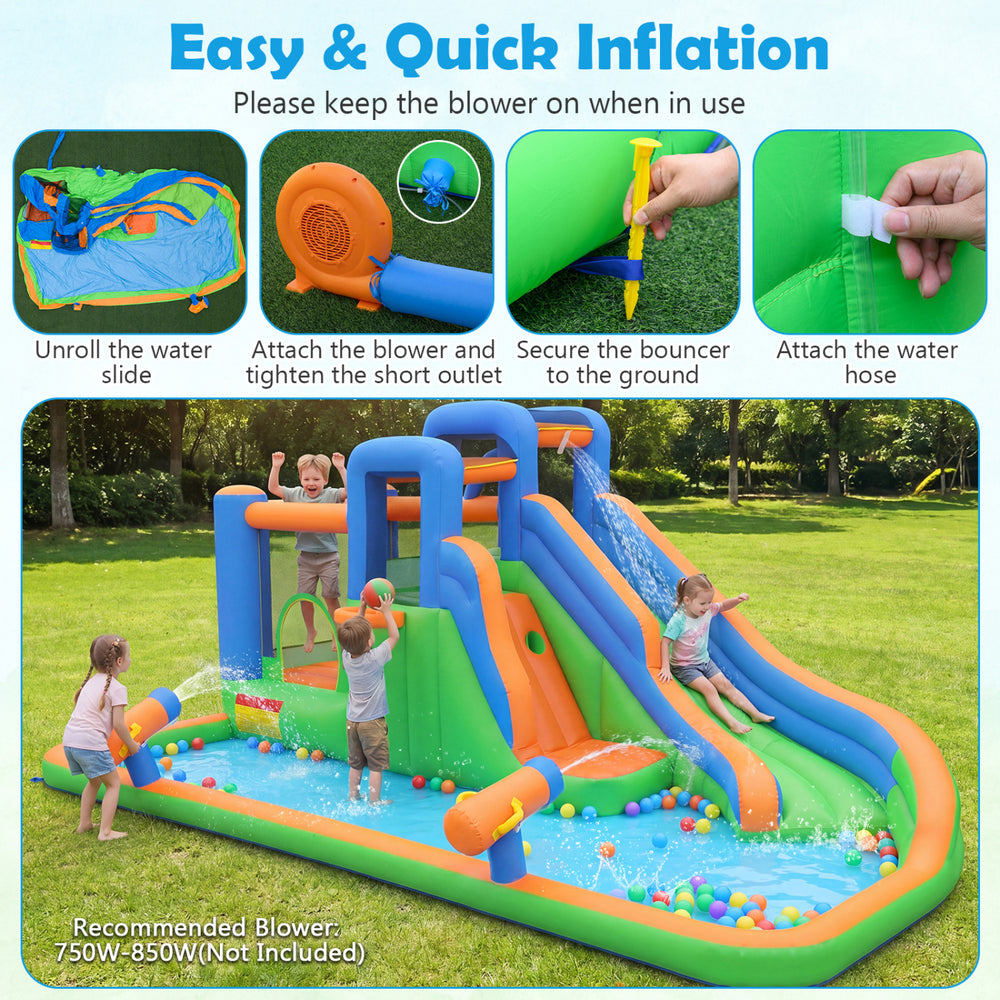 Inflatable water slide with dual climbing walls, splash pool, and water cannons for outdoor fun and exercise.