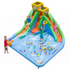 Colorful inflatable water slide for kids features a climbing wall, double slides, and a splash pool for exciting outdoor play.