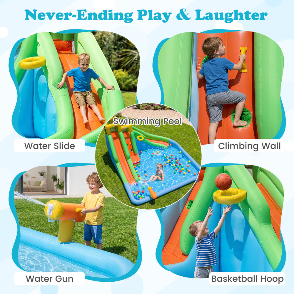 Inflatable water slide with double slides, splash pool, water cannon, and basketball hoop for backyard fun.