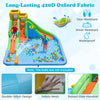 Inflatable water slide for kids featuring double slides, splash pool, and basketball hoop for backyard summer fun.
