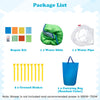 Inflatable water slide package includes double slides, splash pool, water cannon, basketball hoop, and carrying bag for backyard fun.