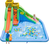 Colorful inflatable water slide for kids includes double slides, splash pool, and water gun for outdoor summer fun.