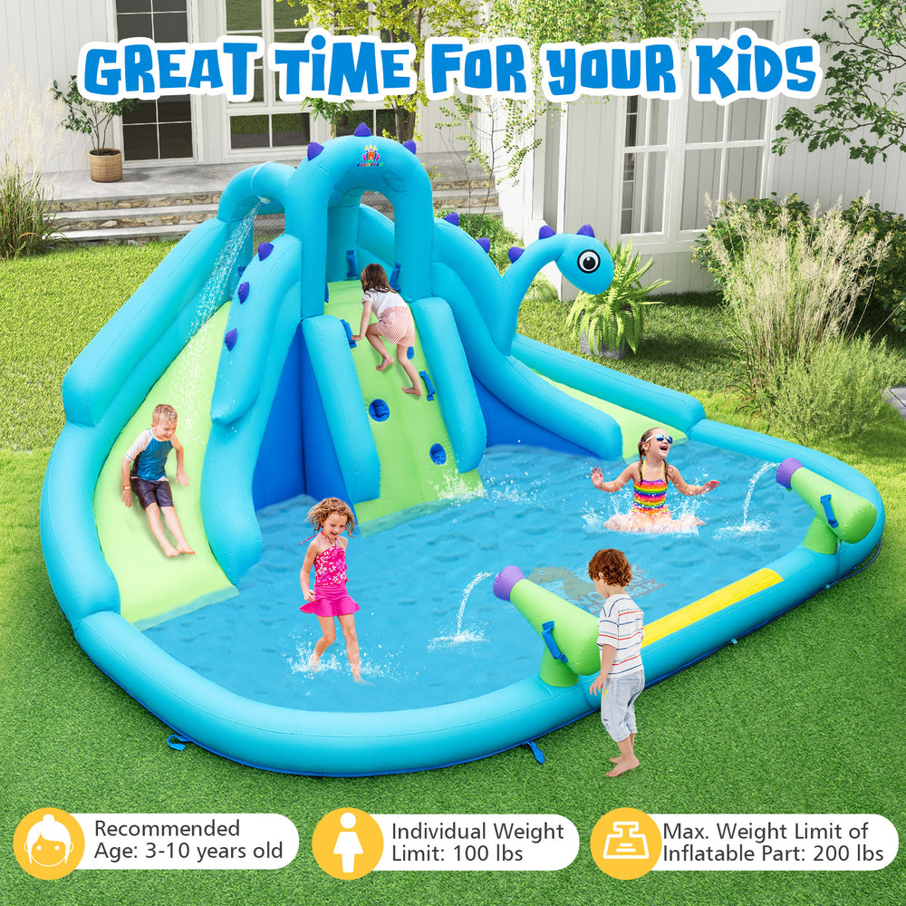 Inflatable water slide with dual slides, large splash pool, and water cannons for kids aged 3-10, made of durable 420D.