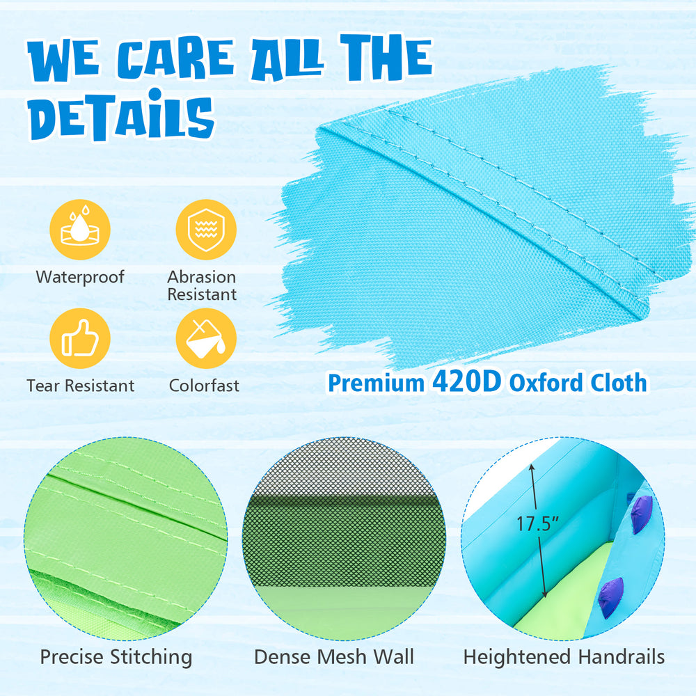 Close-up of the durable 420D Oxford cloth on the inflatable water slide, showcasing its tear-resistant and waterproof.