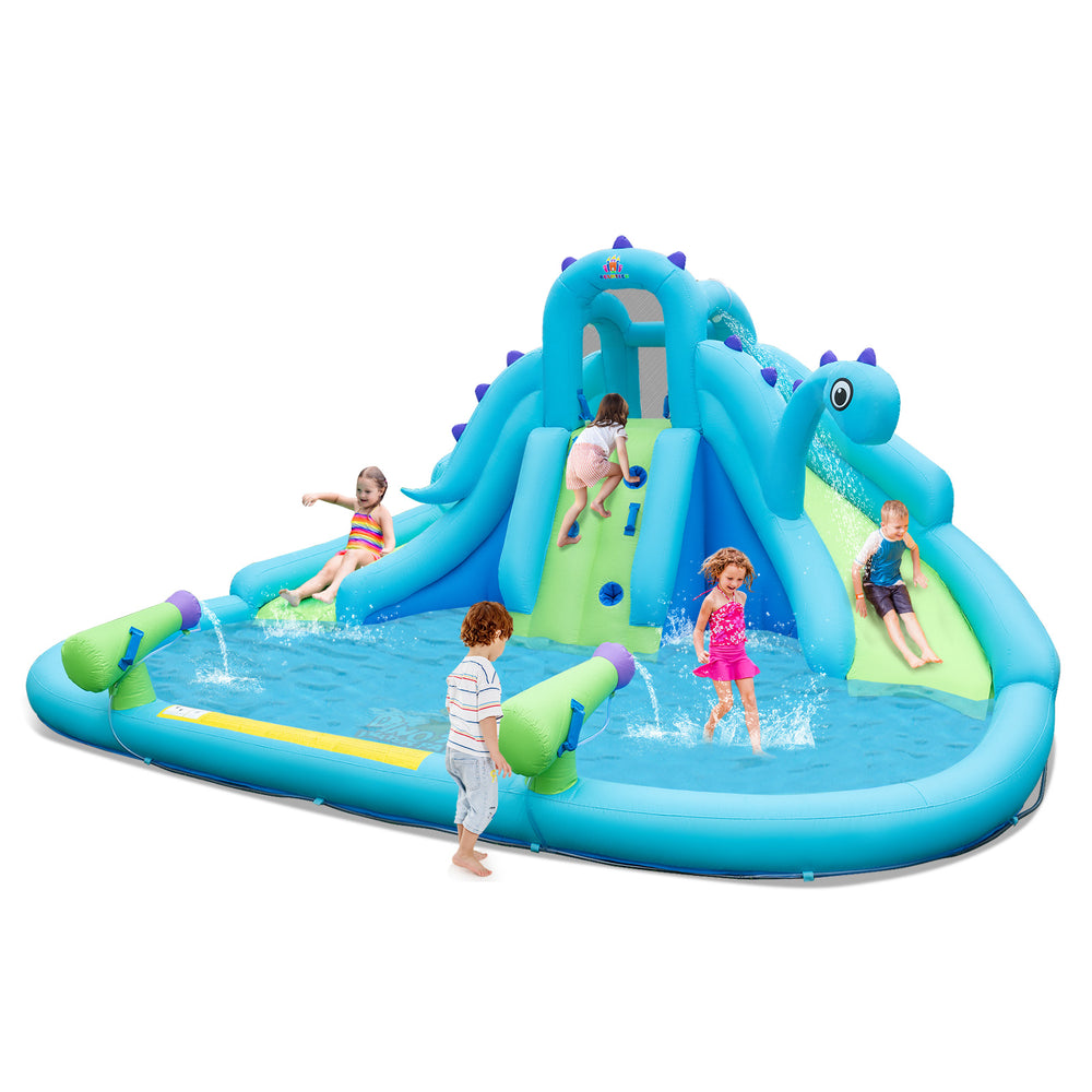 Inflatable water slide with dual slides, large splash pool, and water cannons for summer fun in the backyard.