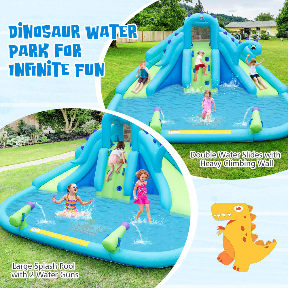 Inflatable water slide with dual slides, large splash pool, and water cannons for outdoor summer fun.