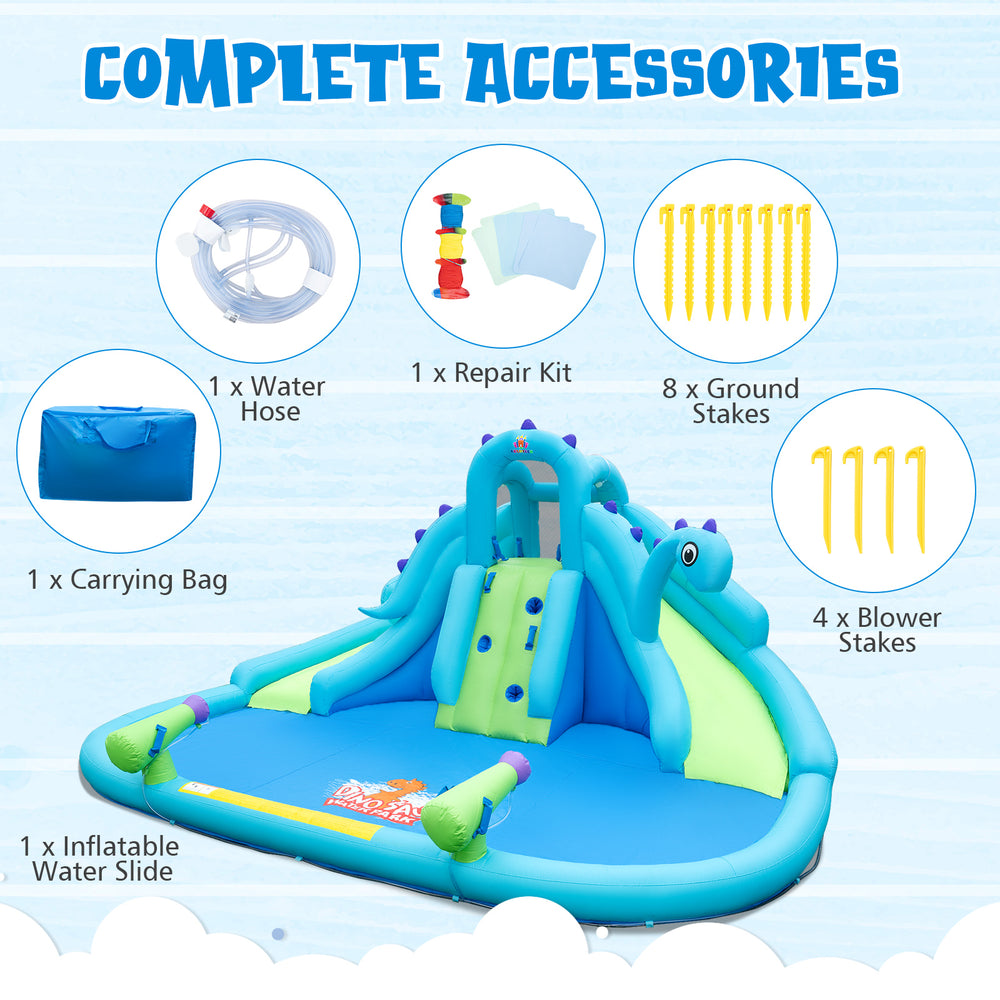 Inflatable water slide with dual slides, large splash pool, and accessories for outdoor summer fun.