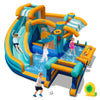 Colorful inflatable water slide bounce house with pool, slide, and water cannon for kids' outdoor fun and games.