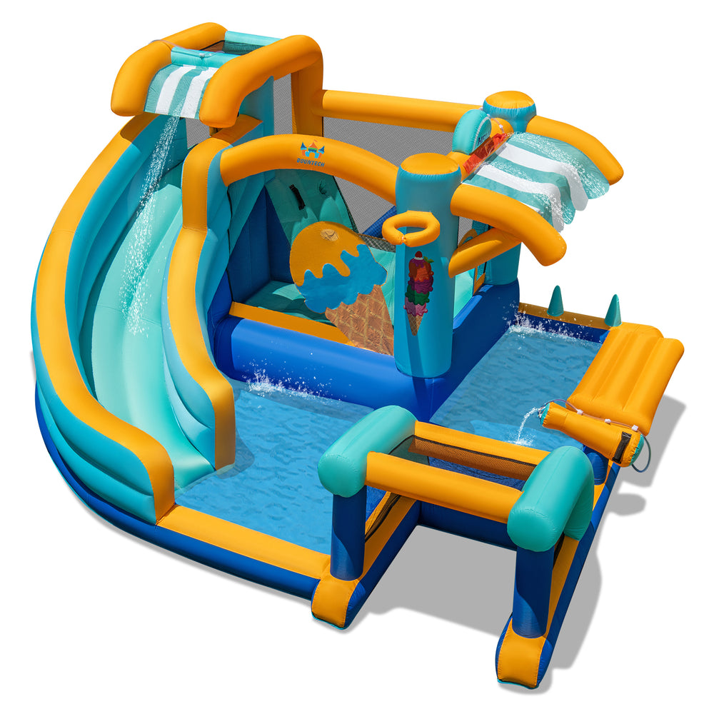 Colorful inflatable water slide bounce house with pool, slide, and snack counter for kids' outdoor fun.