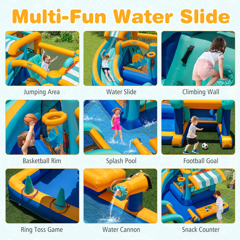 Colorful inflatable water slide bounce house featuring a climbing wall, splash pool, and various games for kids' fun.