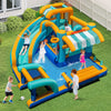 Inflatable water slide bounce house with pool, slide, and water cannon for kids' outdoor fun and games.