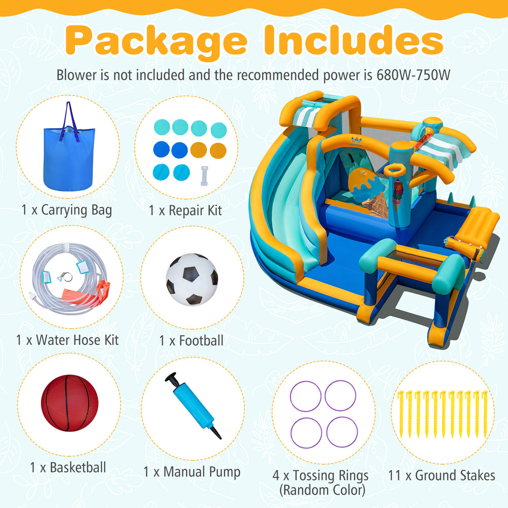 Carrying bag, repair kit, and accessories for the inflatable water slide bounce house, ensuring easy setup and storage.