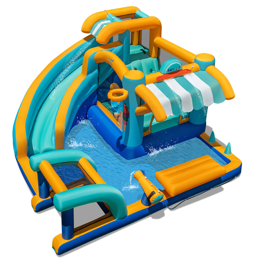 Colorful inflatable water slide bounce house with snack counter, slide, pool, and water cannon for kids' outdoor fun.