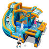 Colorful inflatable water slide bounce house with pool, slide, and snack counter for kids' outdoor fun.