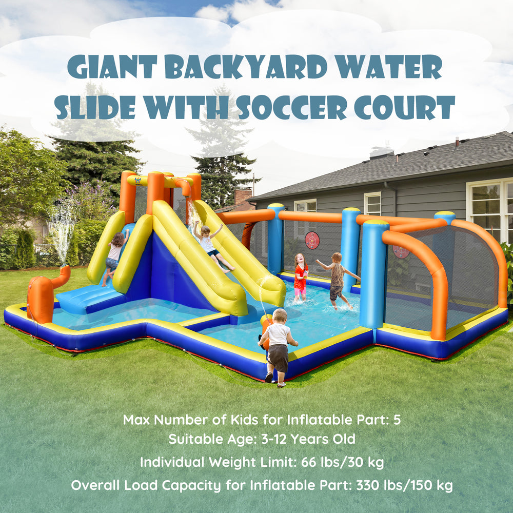 Giant inflatable water slide with soccer court, featuring dual water cannons and safety handrails for kids aged 3-12.