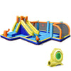 Giant soccer-themed inflatable water slide with dual water cannons, climbing wall, and safety mesh for kids' outdoor.
