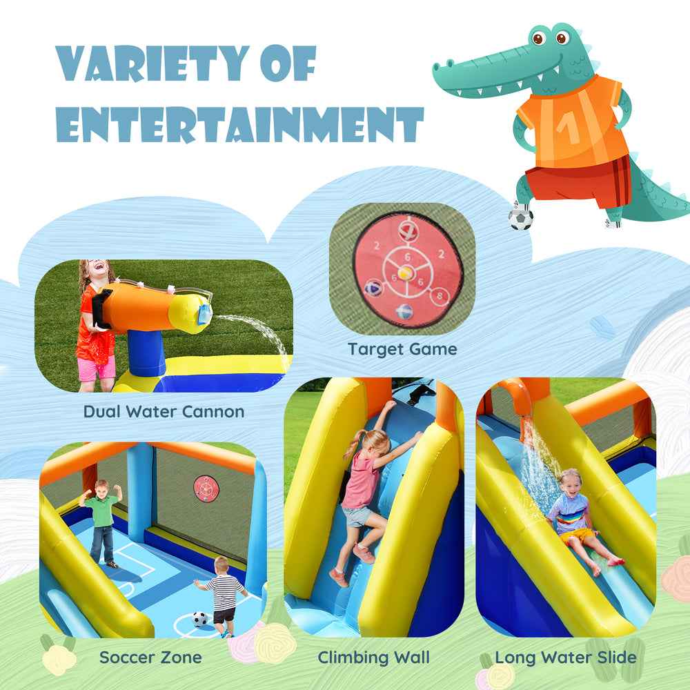 Giant inflatable water slide featuring dual water cannons, climbing wall, and soccer zone for kids' outdoor fun.