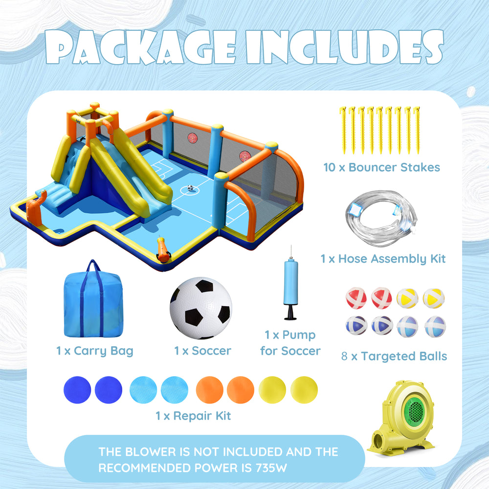 Giant soccer-themed inflatable water slide for kids, featuring dual water cannons and a climbing wall for outdoor fun.